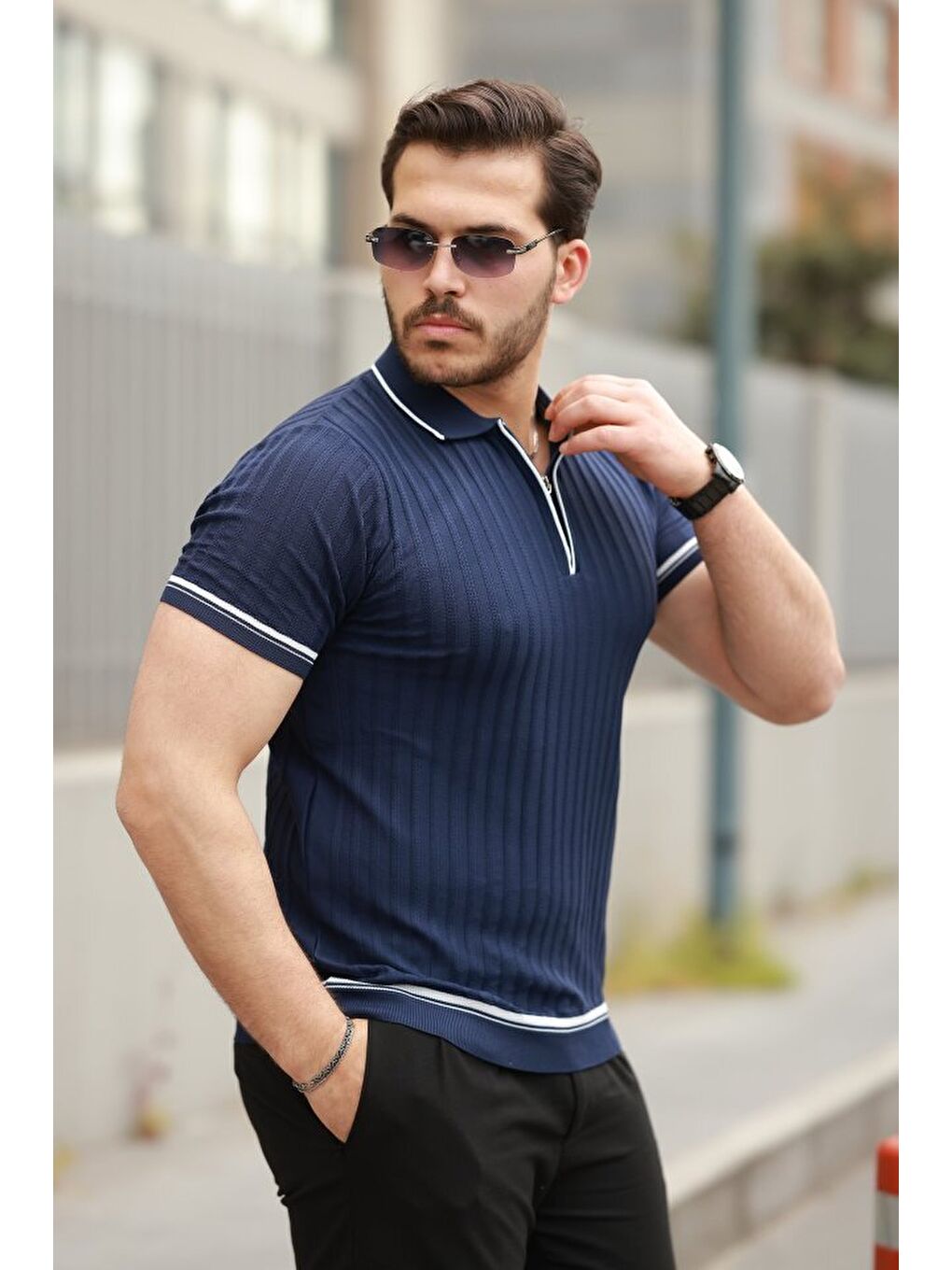 Lacivert Erkek Fermuarlı Yakalı Kısa Kollu T-shirt-1