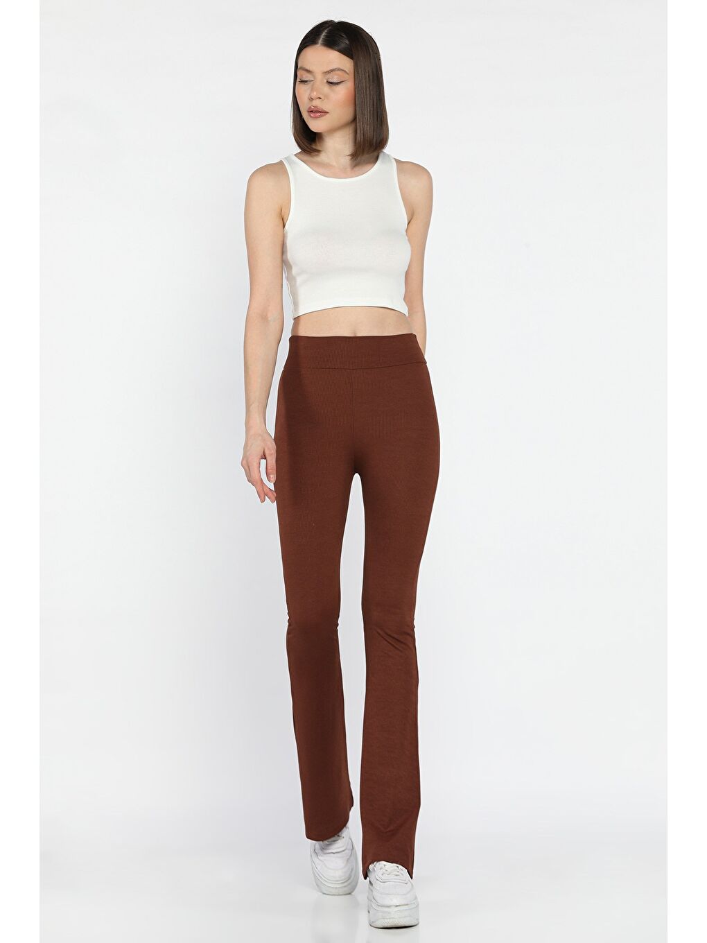 Kahverengi Kadın Yüksek Bel İspanyol Paça Fitilli Tayt-1