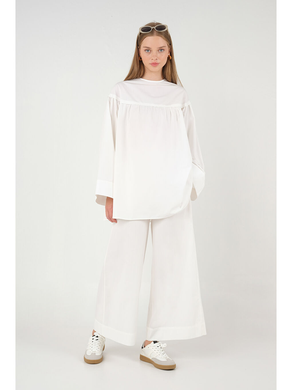 Büzgülü Poplin Tunik Beyaz