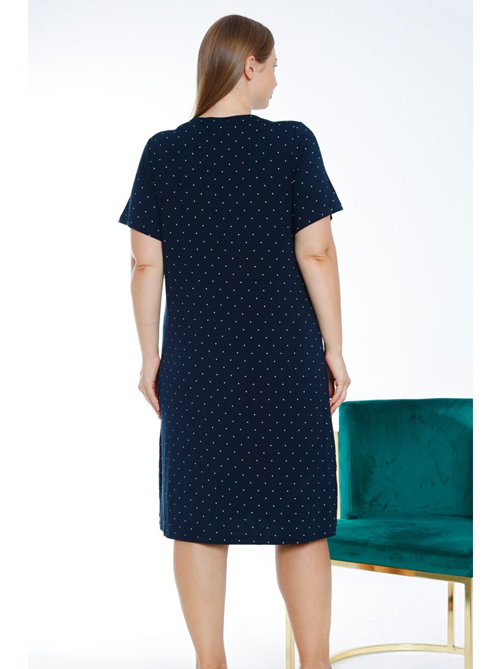 Lacivert puantiyeli kısa kollu dantelli Elastanlı kadın büyük beden gecelik-3