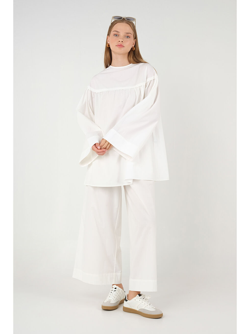 Büzgülü Poplin Tunik Beyaz-1