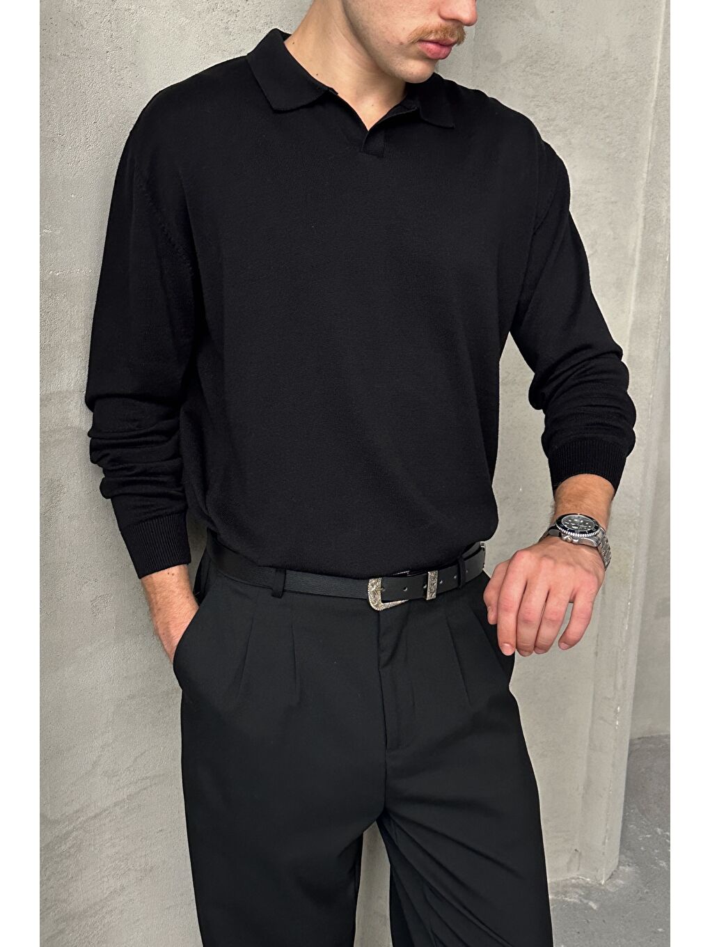 Siyah Erkek Pamuklu Polo Yaka Oversize Triko Kazak-1
