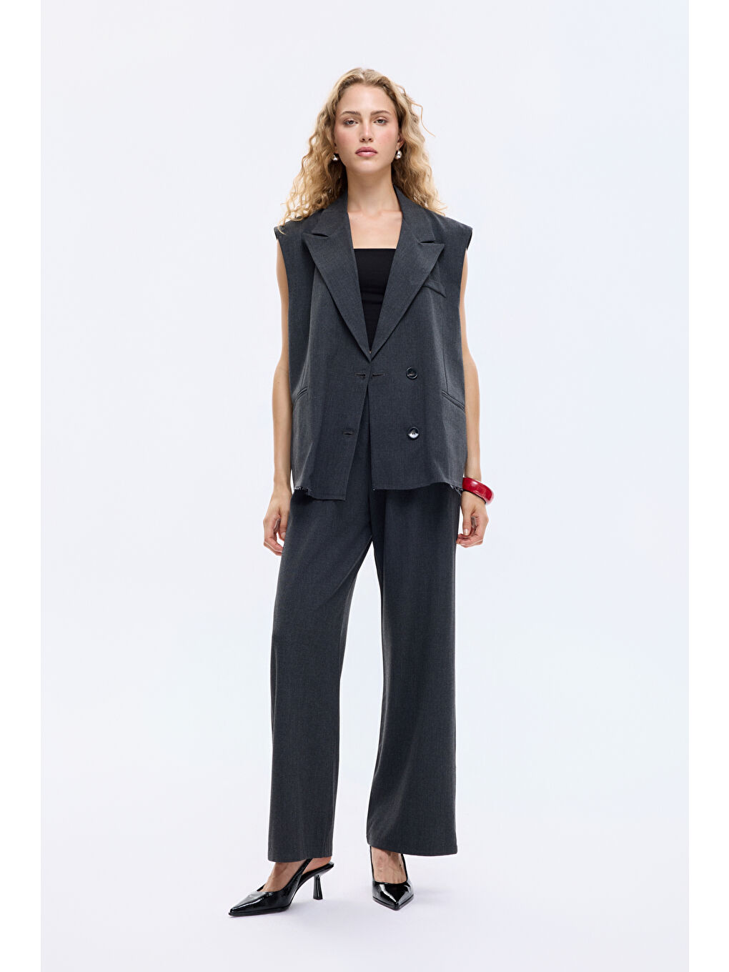 Pensli Şerit Bel Detaylı Bol Paça Pantolon Antrasit-3