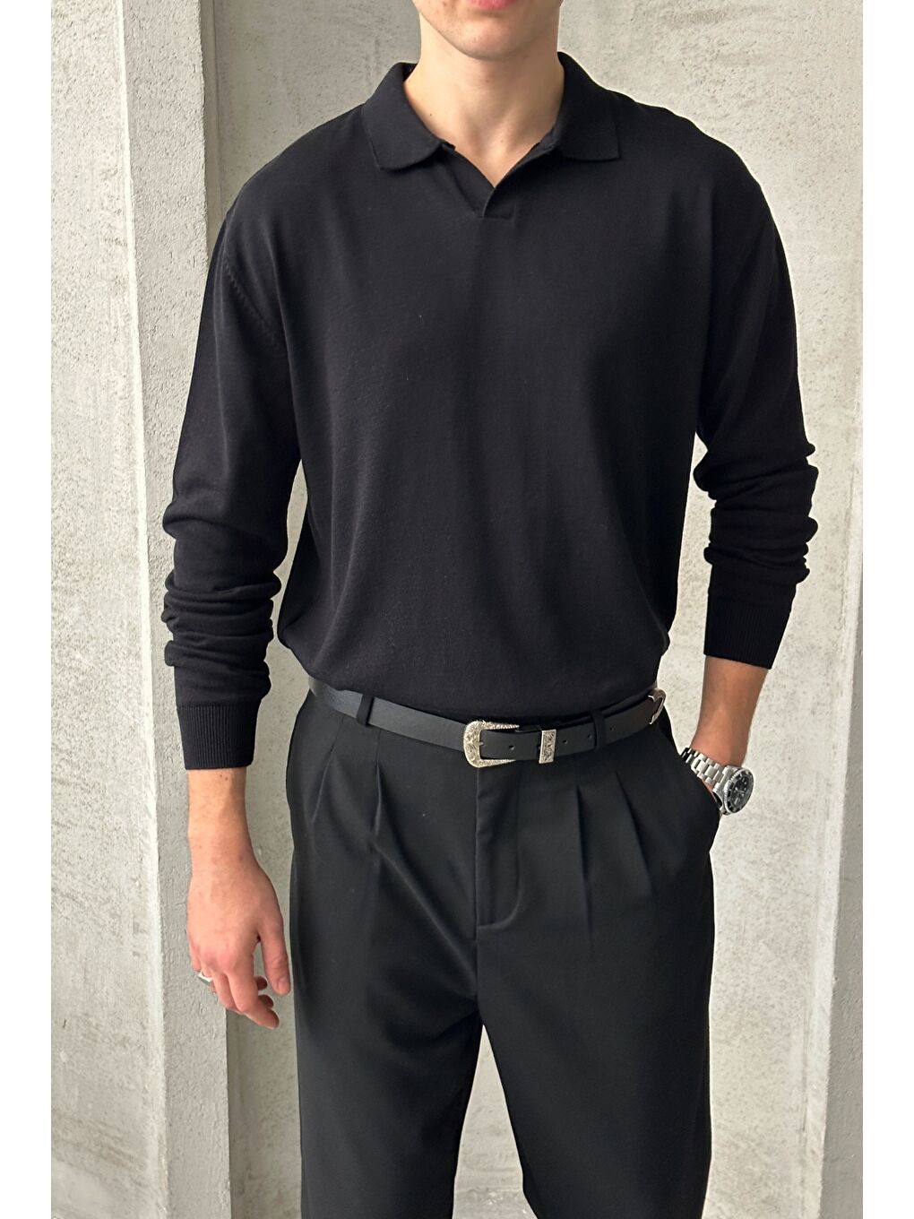 Siyah Erkek Pamuklu Polo Yaka Oversize Triko Kazak-2