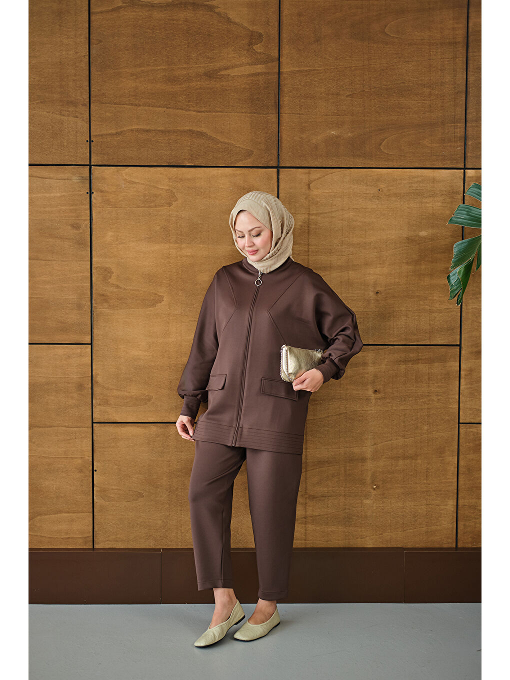 Kadın Fermuarlı İkili Takım Kahverengi-1