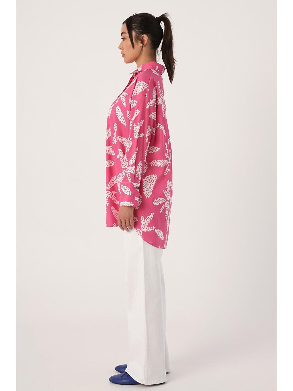 Pembe-Beyaz %100 Pamuk Gizli Patlı Oversize Desenli Gömlek Tunik-2