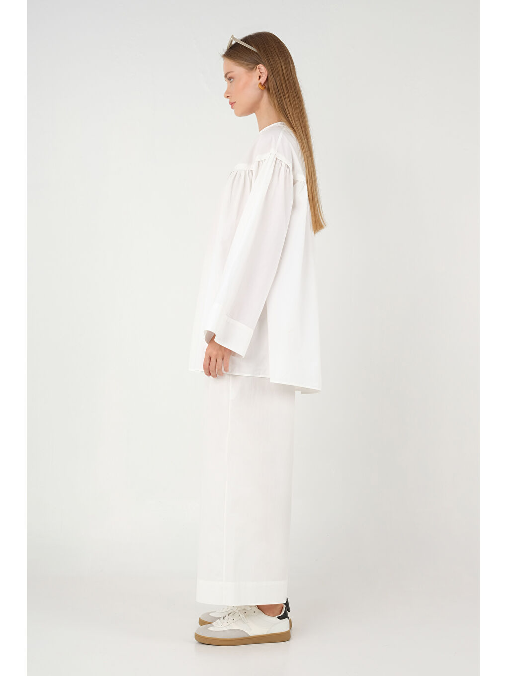 Büzgülü Poplin Tunik Beyaz-2