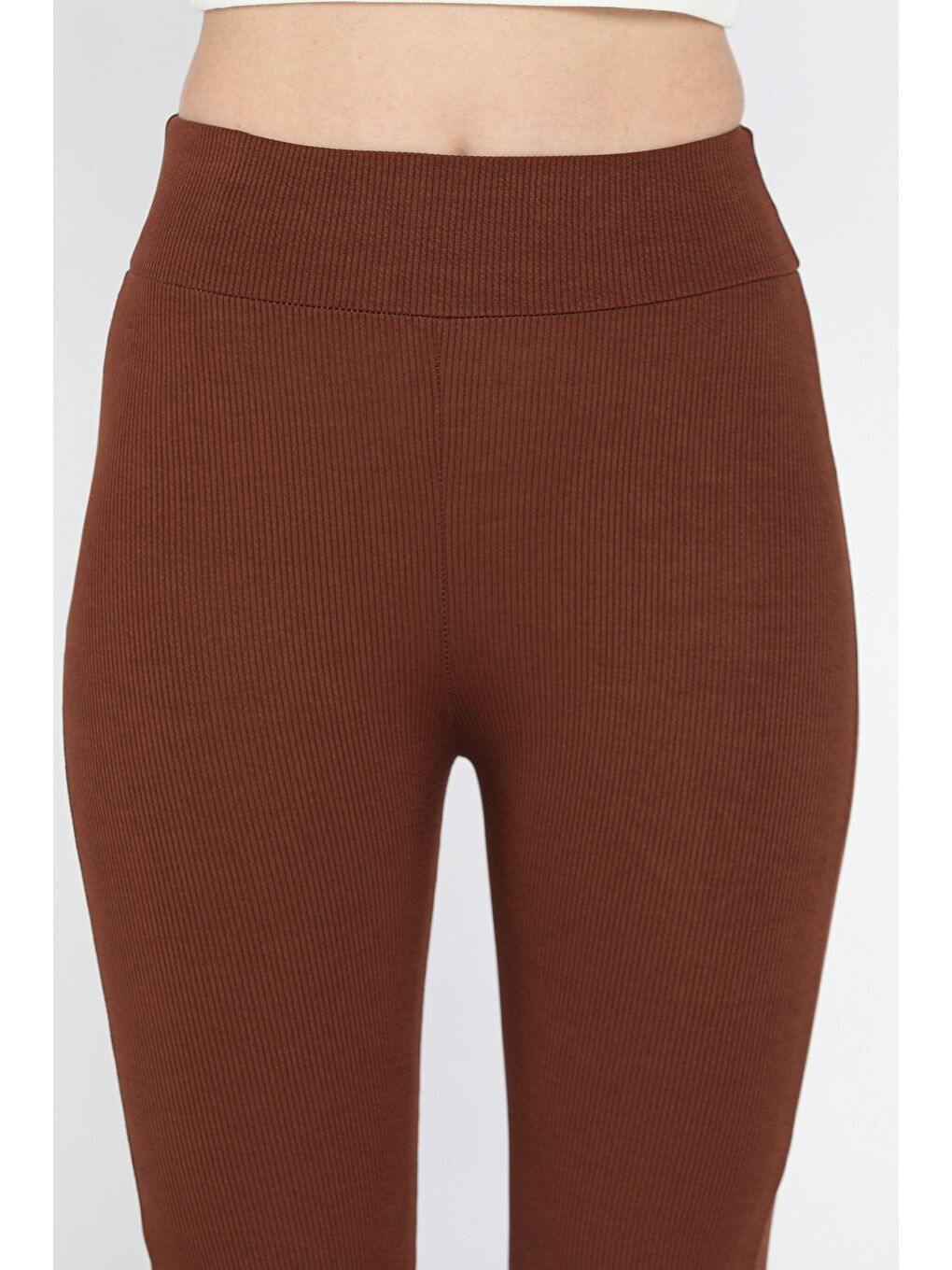 Kahverengi Kadın Yüksek Bel İspanyol Paça Fitilli Tayt-3