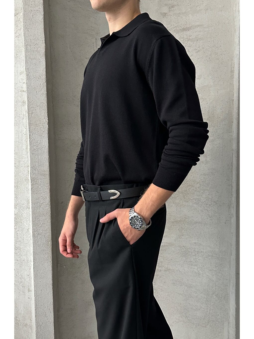 Siyah Erkek Pamuklu Polo Yaka Oversize Triko Kazak-3