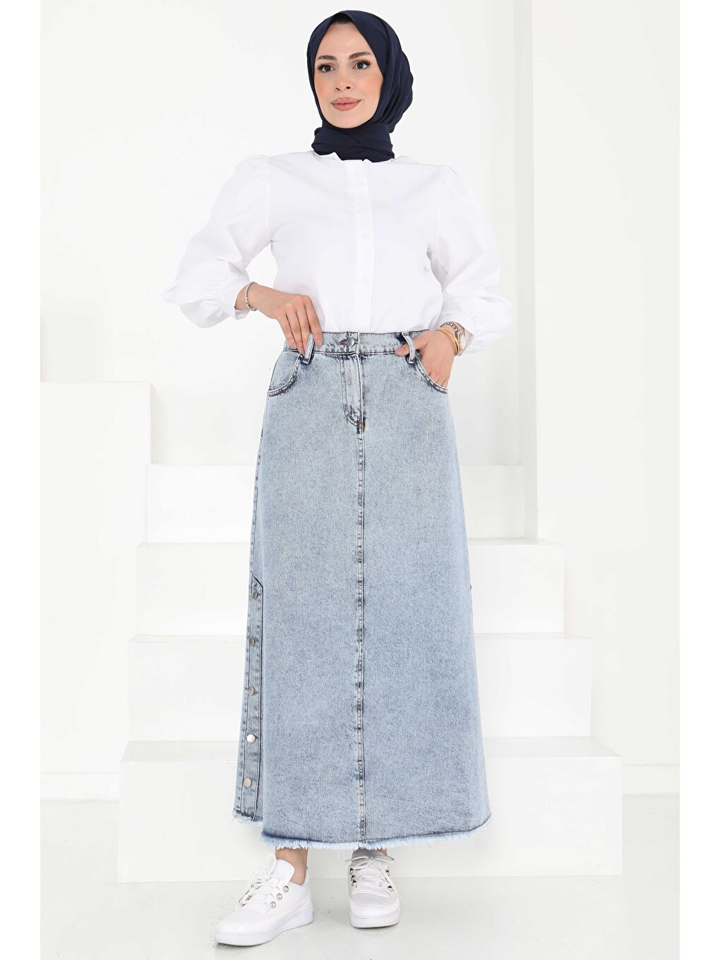 Yanları Düğme Detaylı Etek Buz Mavisi - 27161-1