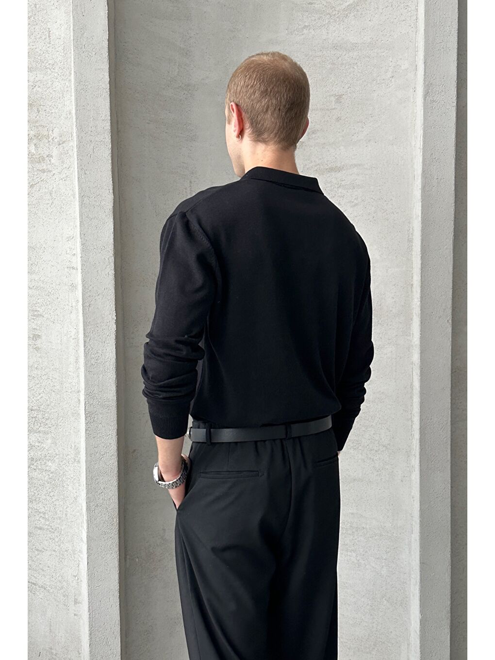 Siyah Erkek Pamuklu Polo Yaka Oversize Triko Kazak-4