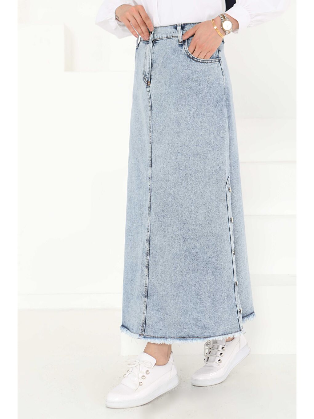 Yanları Düğme Detaylı Etek Buz Mavisi - 27161-3