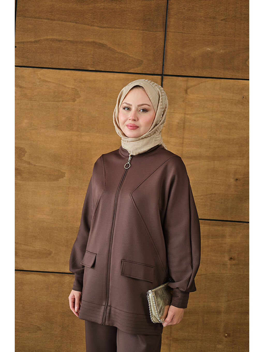 Kadın Fermuarlı İkili Takım Kahverengi-2