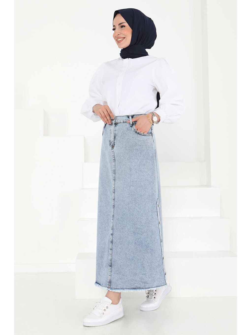 Yanları Düğme Detaylı Etek Buz Mavisi - 27161-4