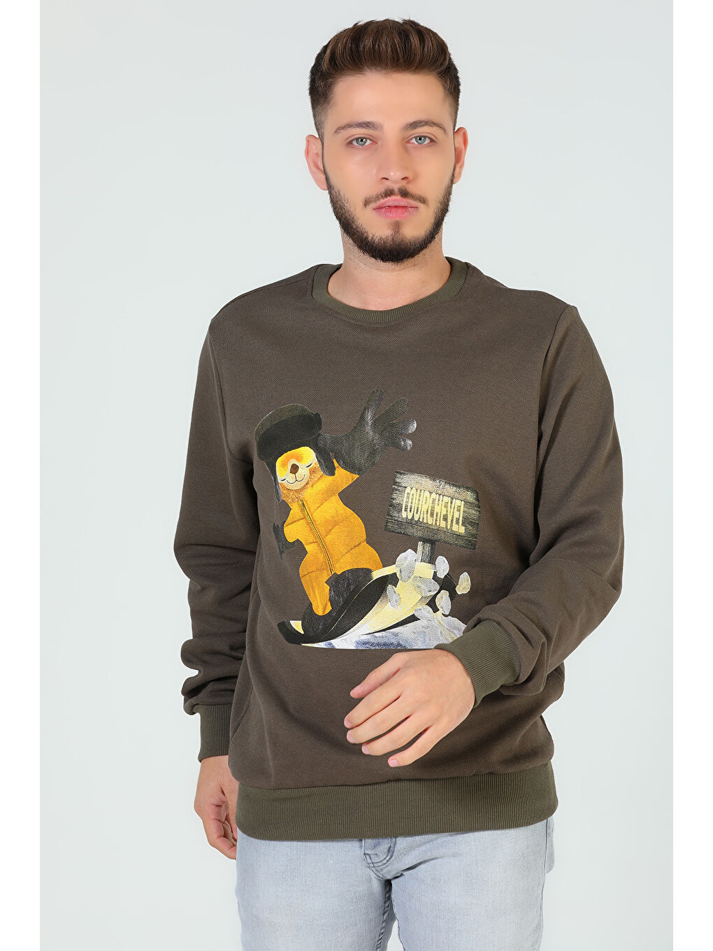 Mishar İtalia Haki Erkek Bisiklet Yaka Baskılı Sweatshirt - 4