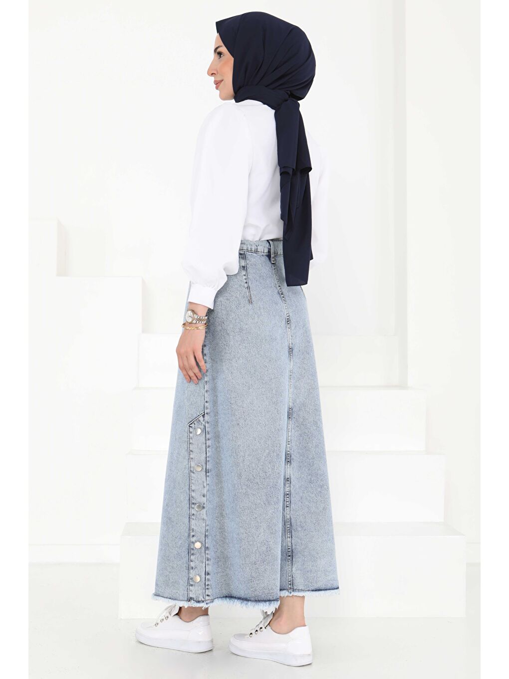 Yanları Düğme Detaylı Etek Buz Mavisi - 27161-5