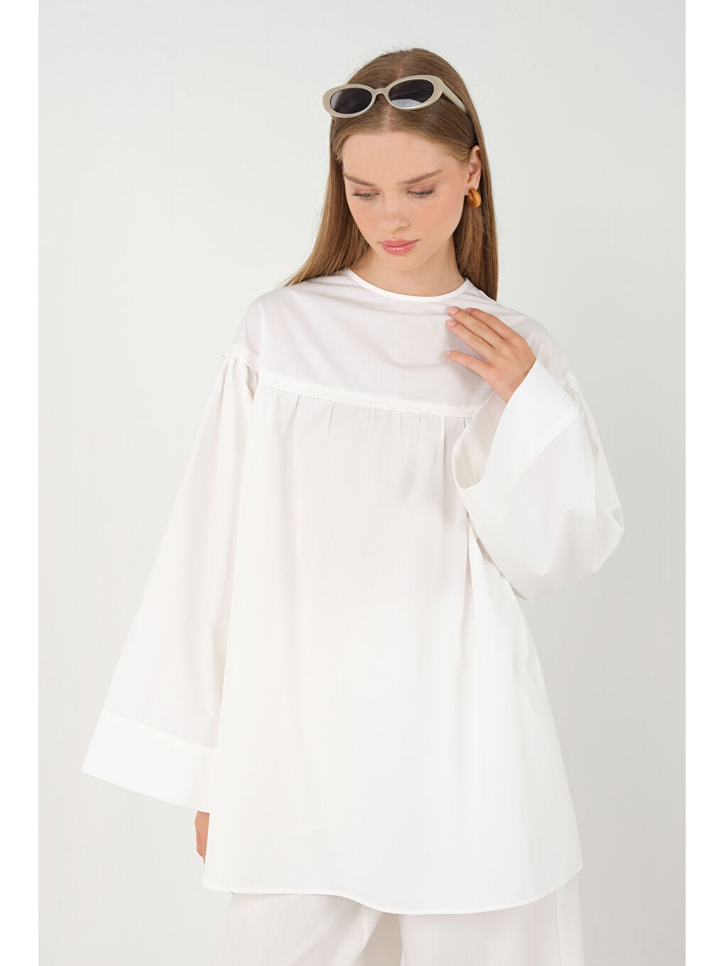Büzgülü Poplin Tunik Beyaz-4