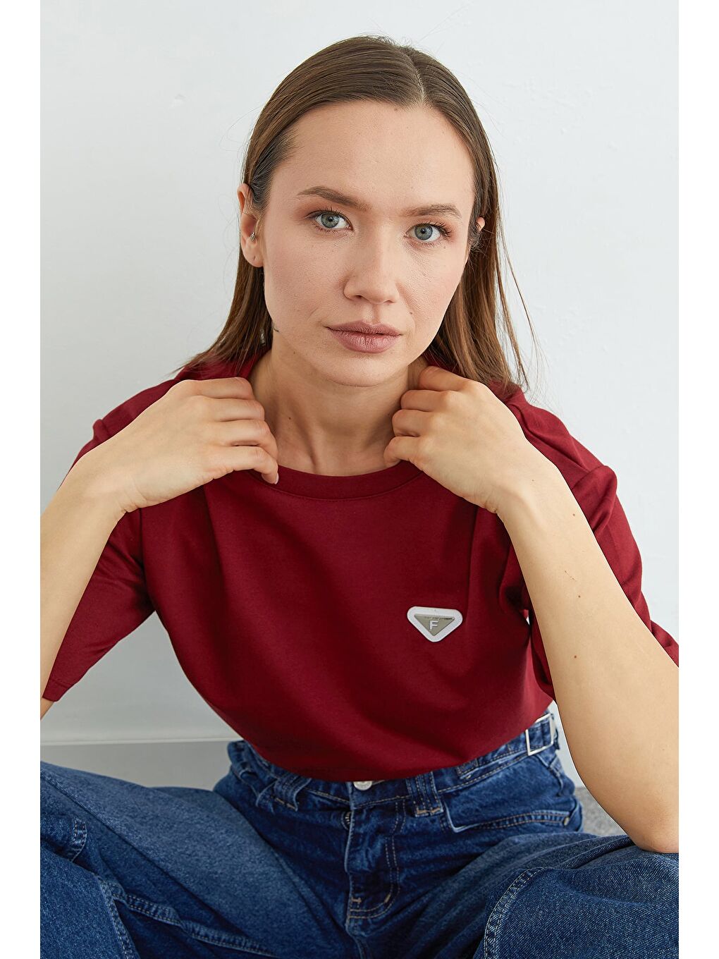 Bordo Metal Aksesuarlı Bisiklet Yaka Tişört-1