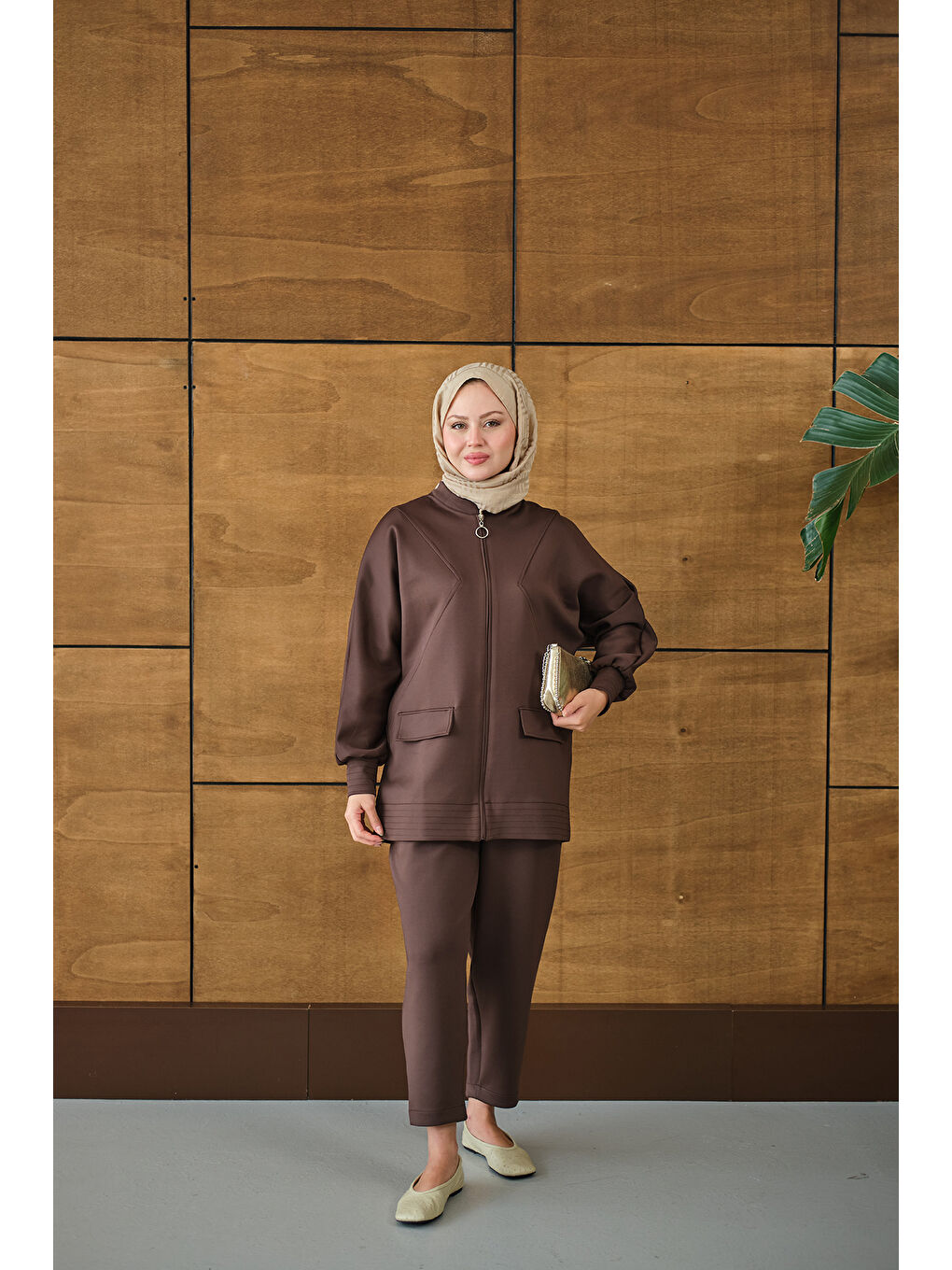 Kadın Fermuarlı İkili Takım Kahverengi-3
