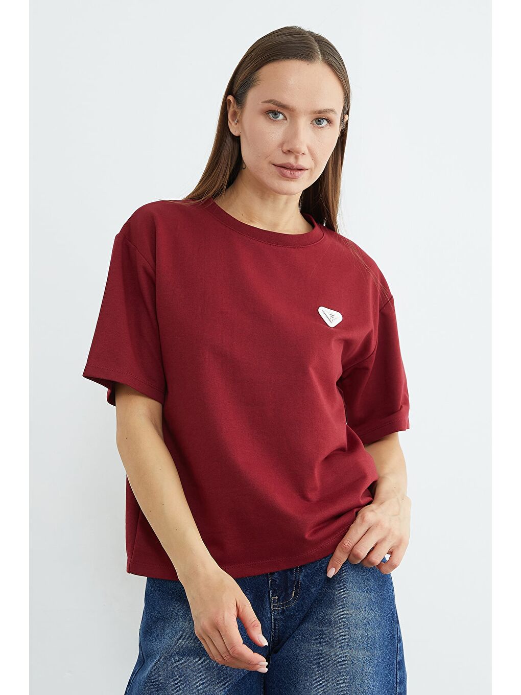 Bordo Metal Aksesuarlı Bisiklet Yaka Tişört-2