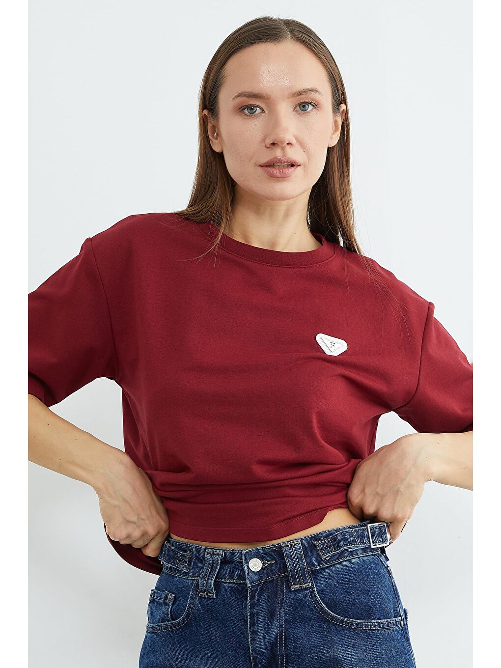 Bordo Metal Aksesuarlı Bisiklet Yaka Tişört-3