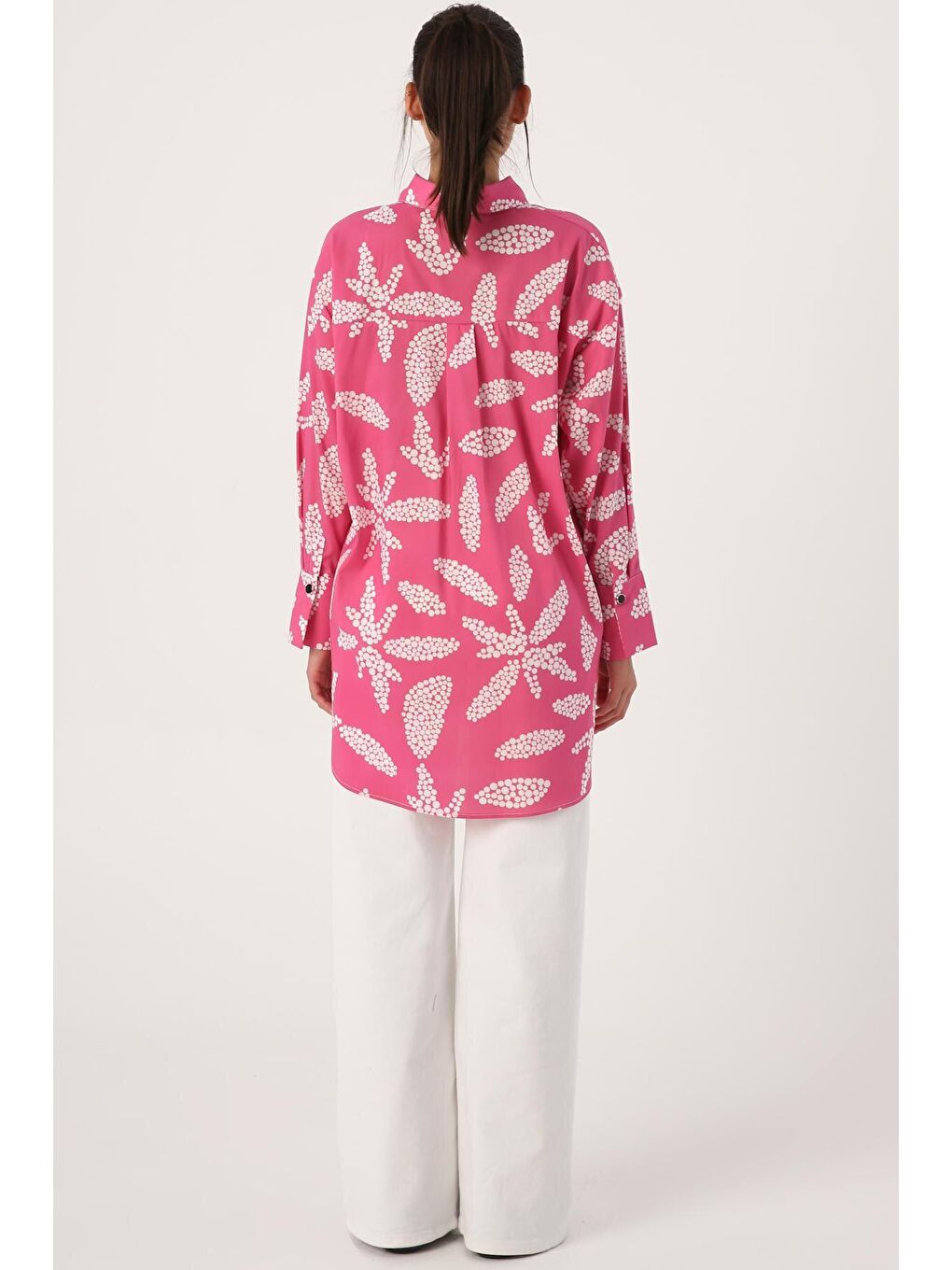 Pembe-Beyaz %100 Pamuk Gizli Patlı Oversize Desenli Gömlek Tunik-3