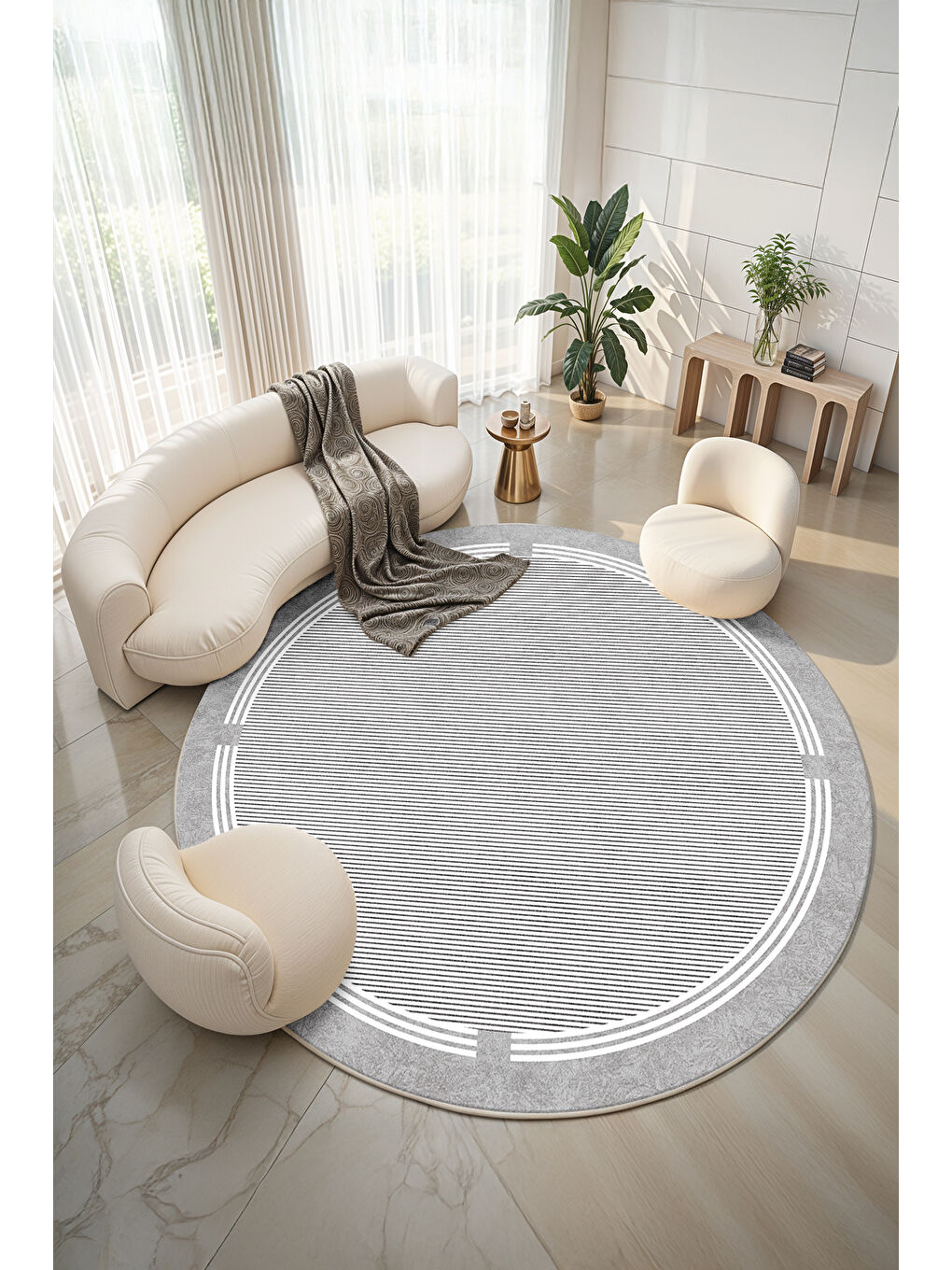 Gri Dekoratif Salon Halısı, Makinada Yıkanabilir, Kaymaz Taban, İnce & Modern Tasarım-4