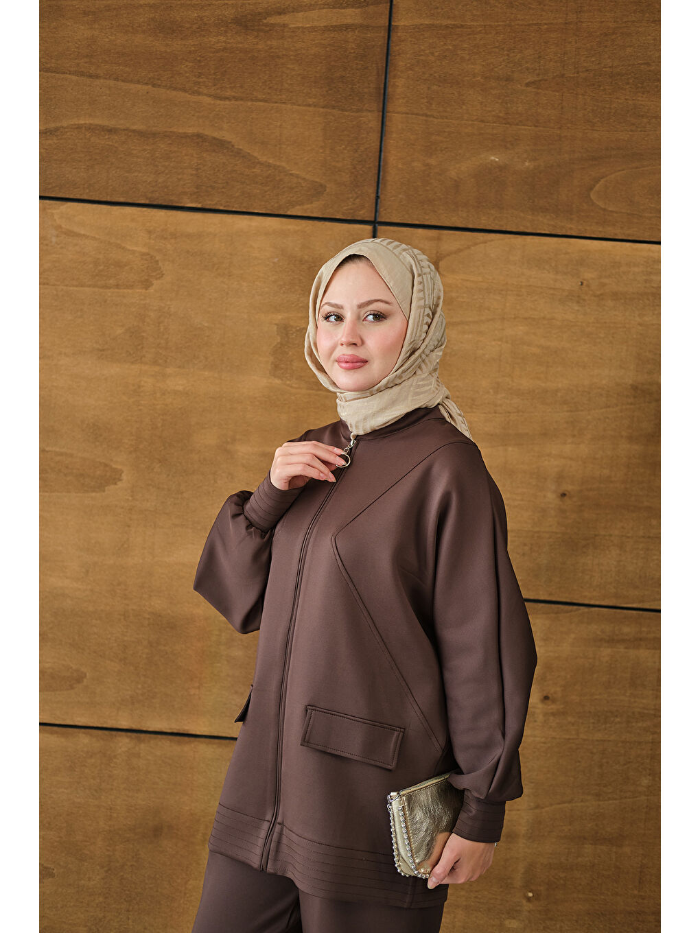 Kadın Fermuarlı İkili Takım Kahverengi-4