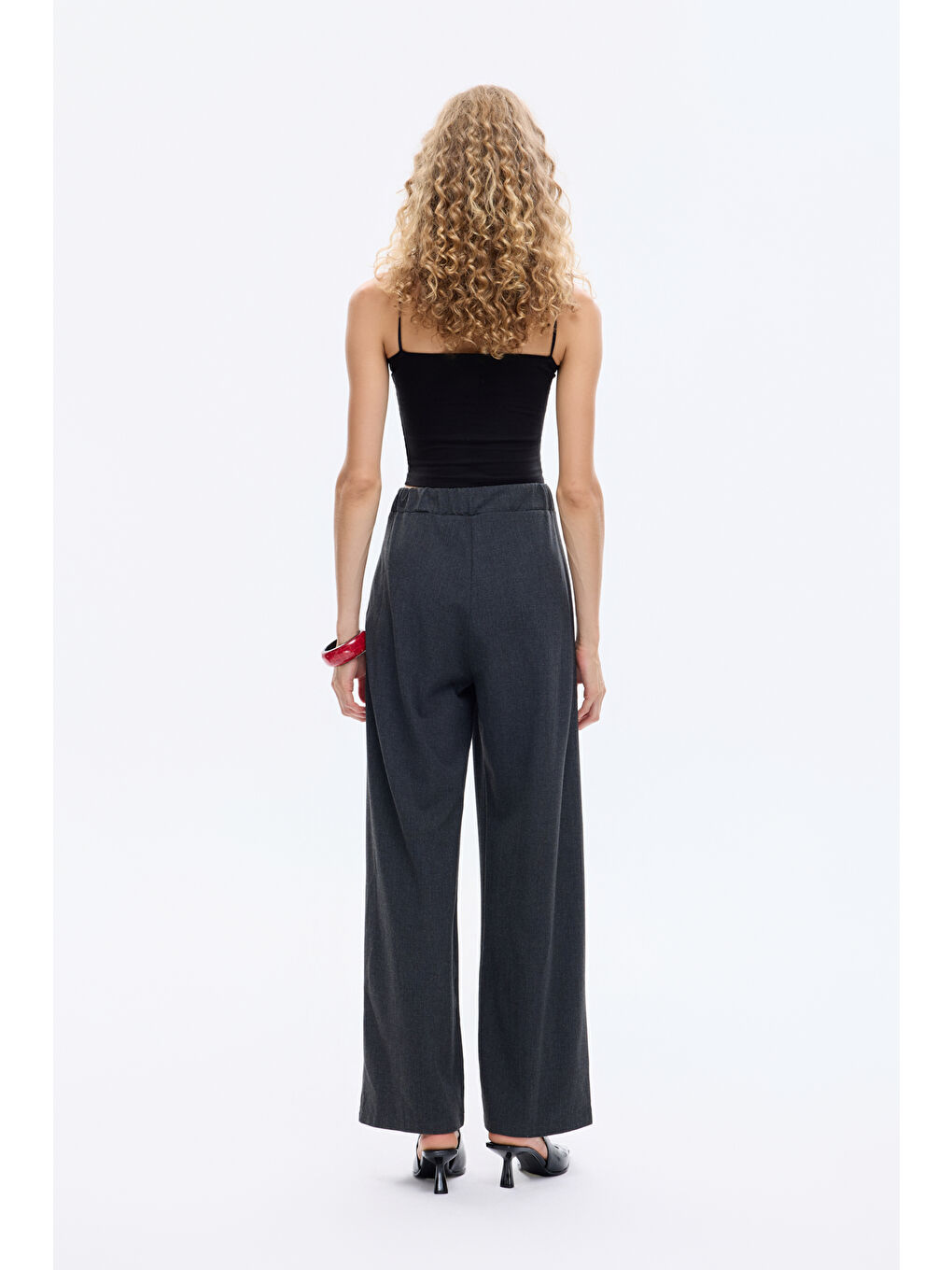 Pensli Şerit Bel Detaylı Bol Paça Pantolon Antrasit-4