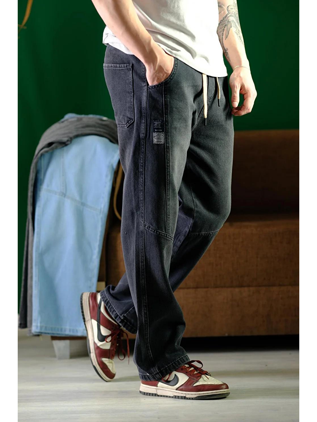 Erkek Koyu Antrasit Bel Lastikli Bağcıklı Baggy Fit Jean Pantolon