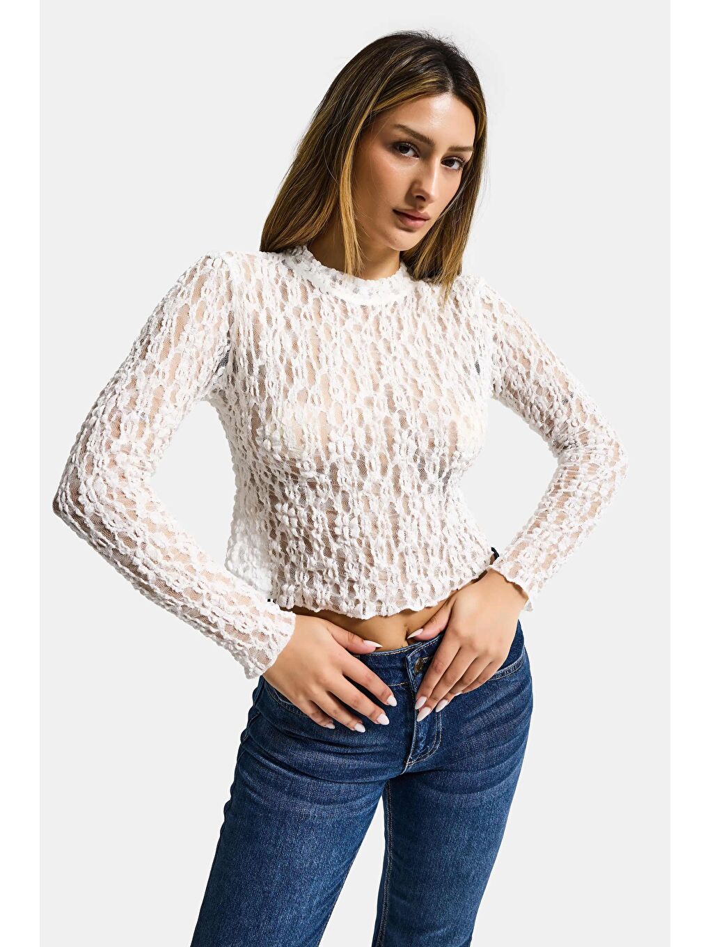 Kadın Ekru Transparan Crop Bluz