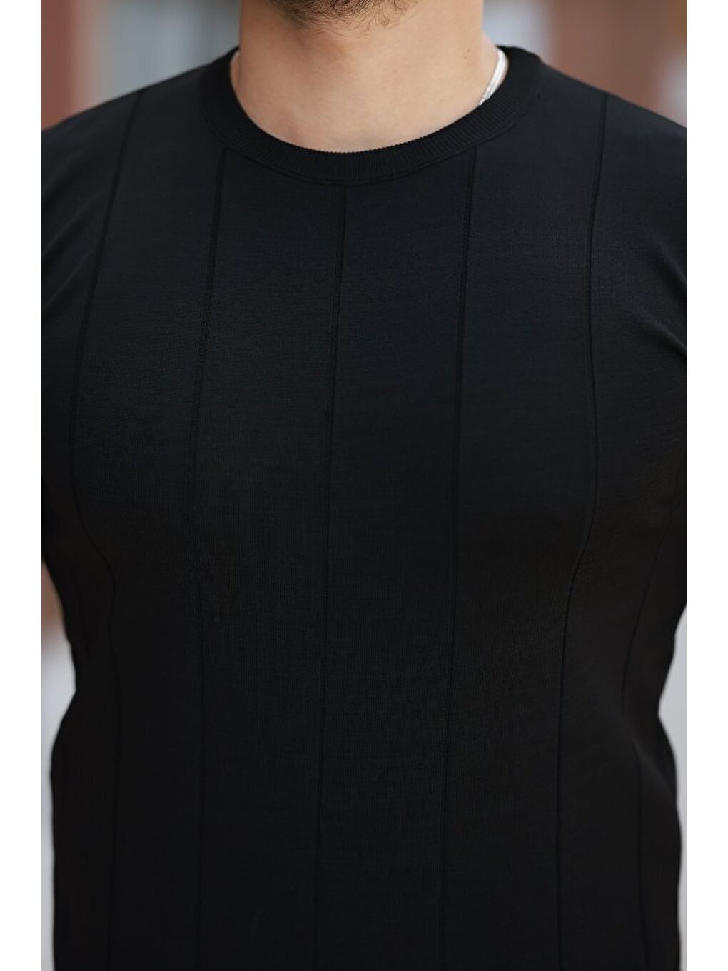 Siyah Erkek Ince çizgi Dokulu Bisiklet Yaka Kısa Kollu T-shirt-2