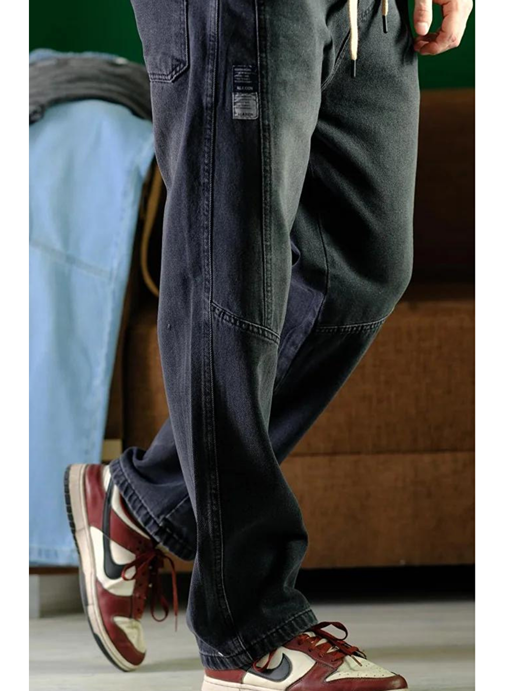 Erkek Koyu Antrasit Bel Lastikli Bağcıklı Baggy Fit Jean Pantolon-1