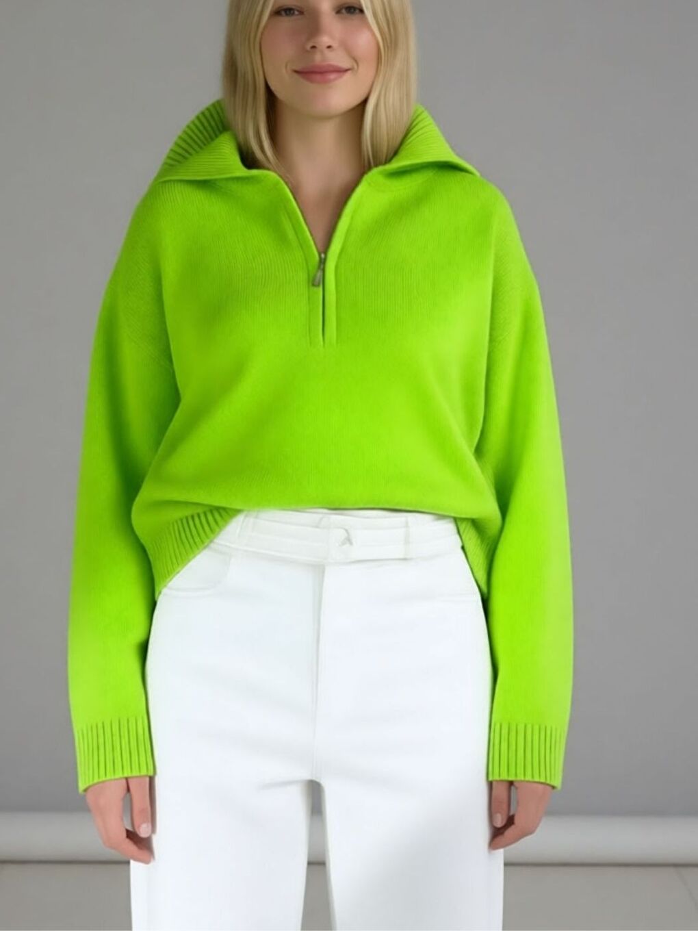 Kadın Fıstık Yeşili Relax Yaka Önü Fermuarlı Triko Kazak