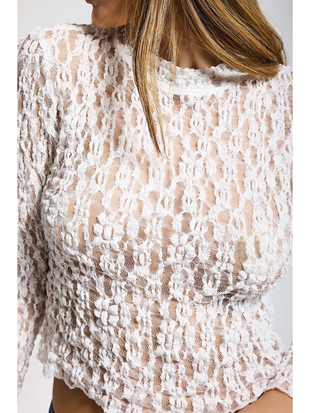 Kadın Ekru Transparan Crop Bluz-1