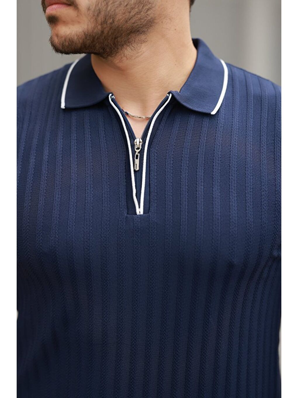 Lacivert Erkek Fermuarlı Yakalı Kısa Kollu T-shirt-2