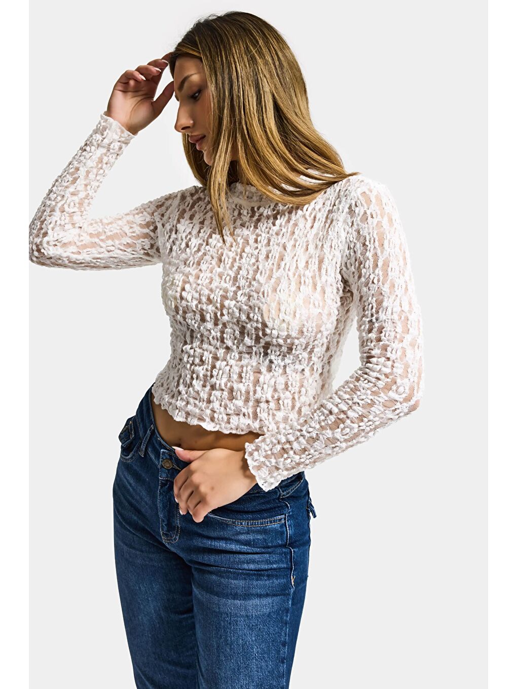 Kadın Ekru Transparan Crop Bluz-3