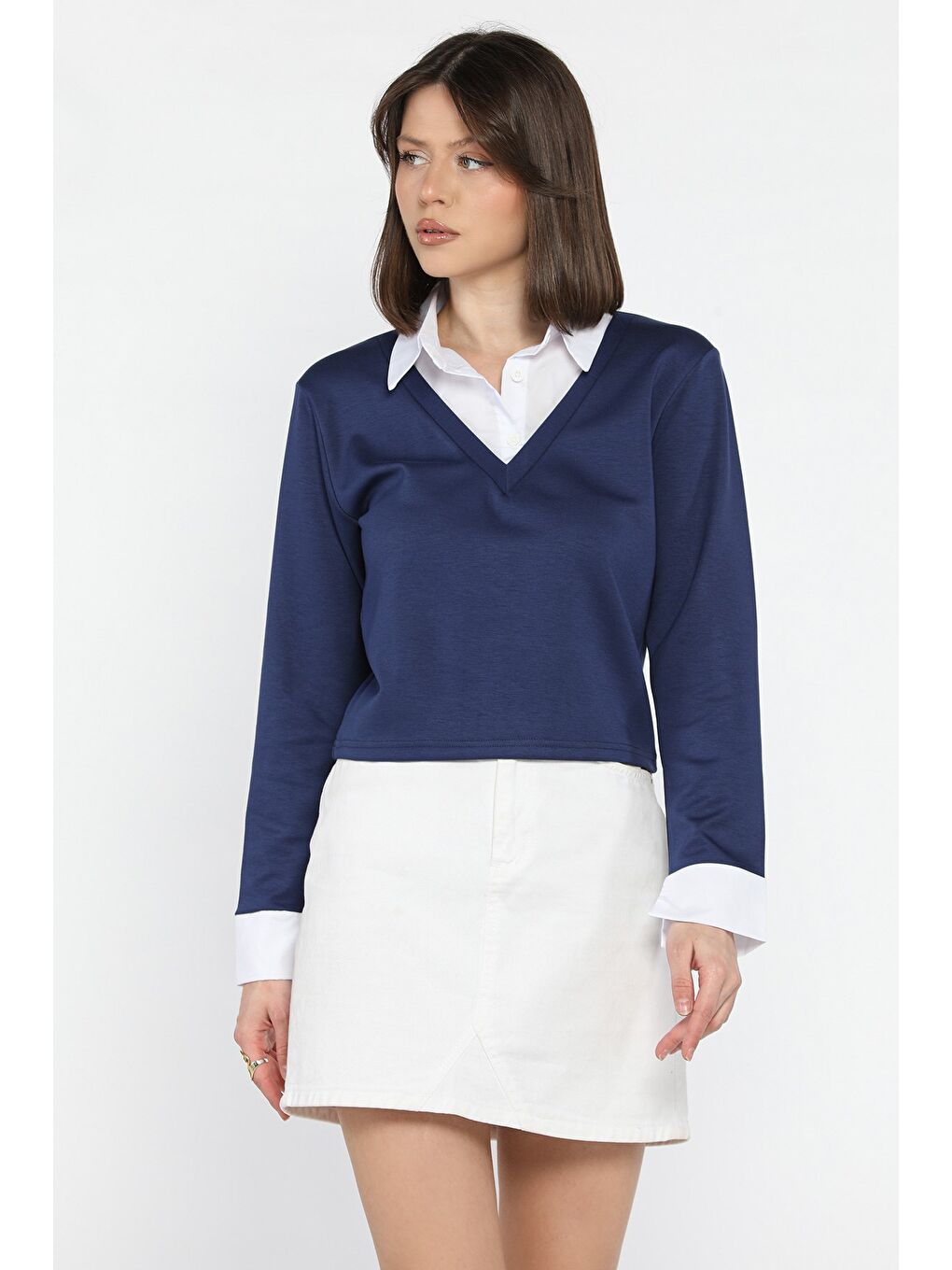 Lacivert Kadın Gömlek Yaka Bluz-1