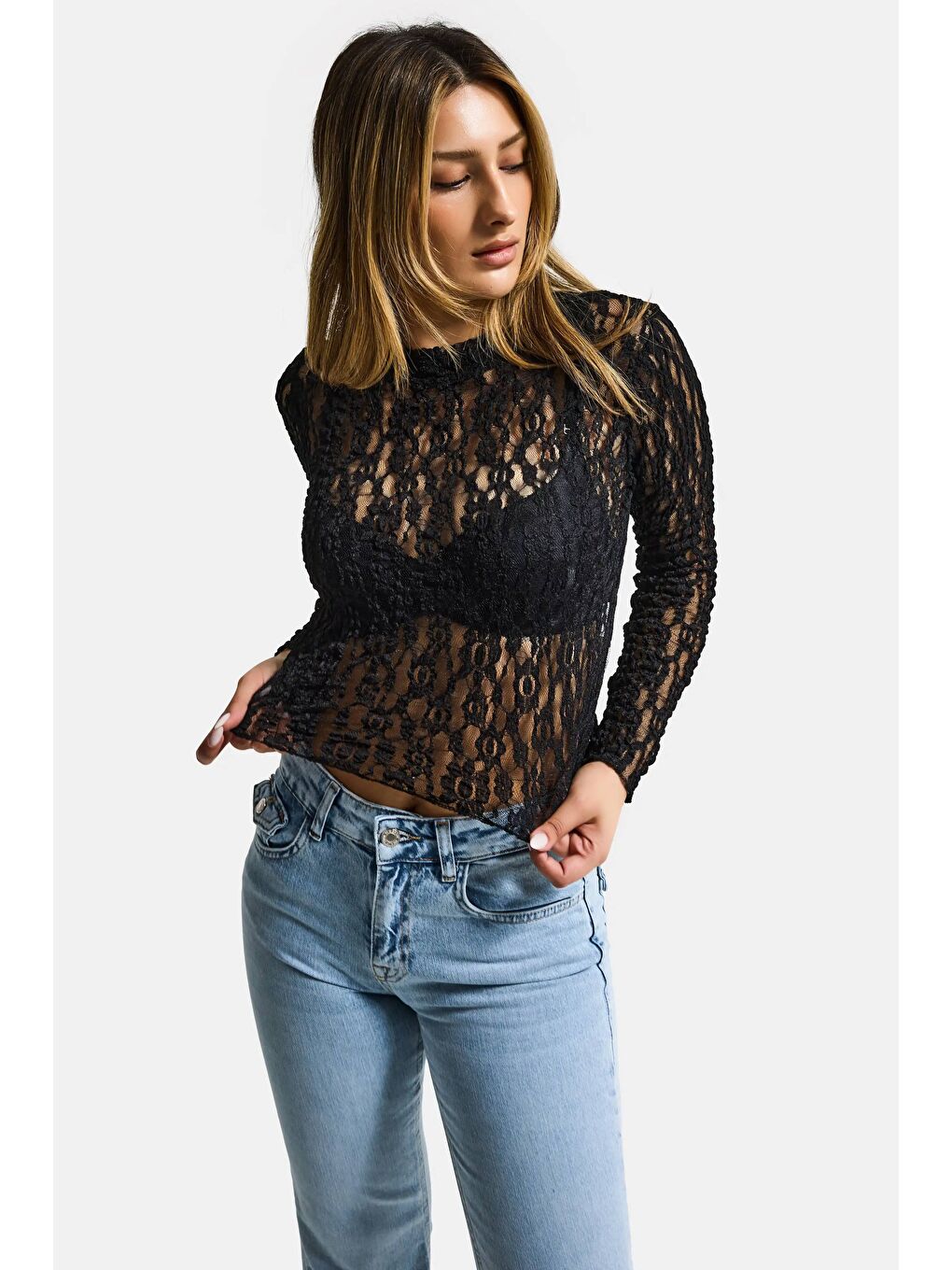 Kadın Siyah Transparan Crop Bluz