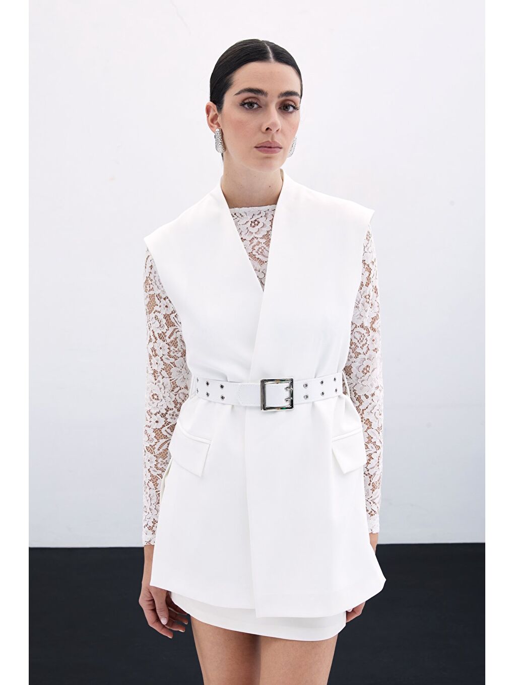 Kemerli Uzun Yelek - Ekru-1