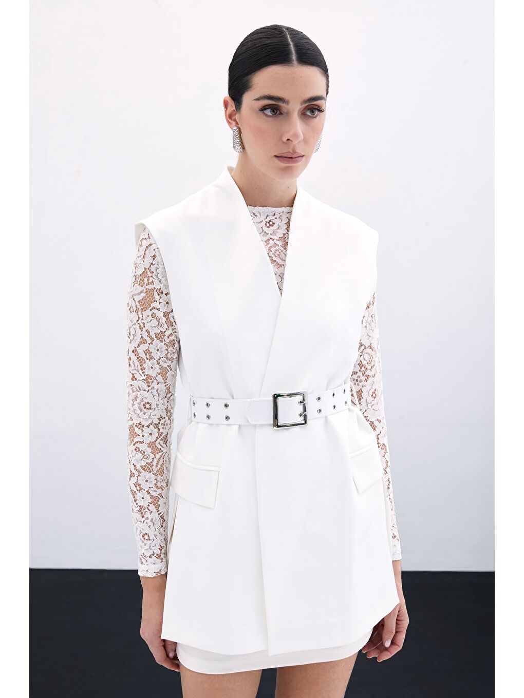 Kemerli Uzun Yelek - Ekru-2