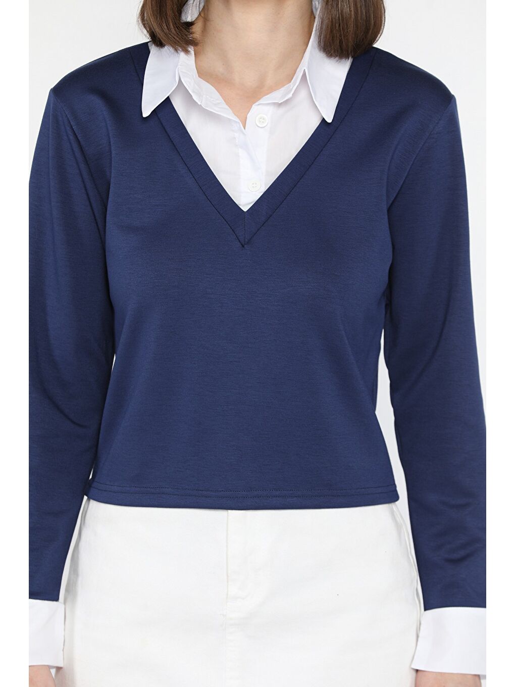 Lacivert Kadın Gömlek Yaka Bluz-2