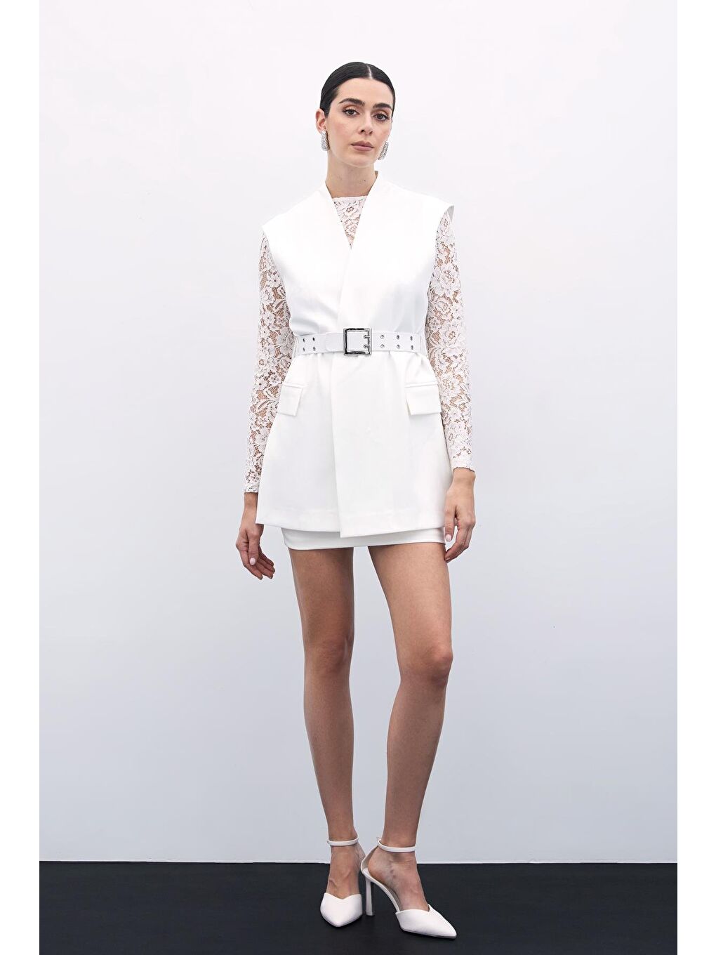 Kemerli Uzun Yelek - Ekru-4