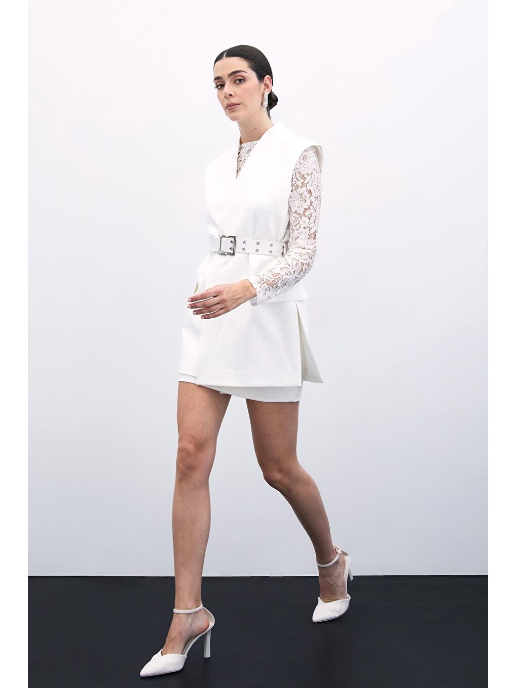 Kemerli Uzun Yelek - Ekru-5