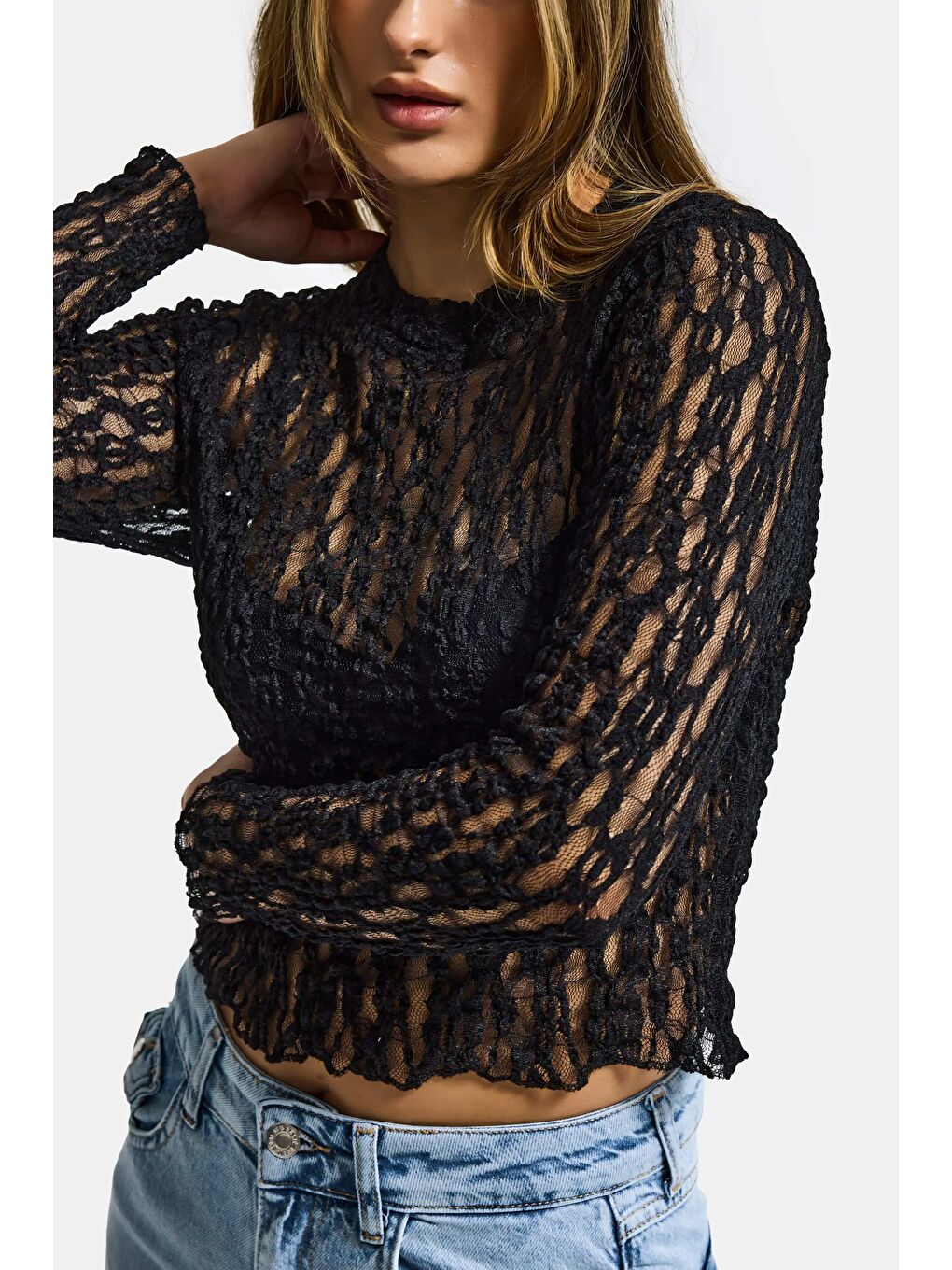 Kadın Siyah Transparan Crop Bluz-2