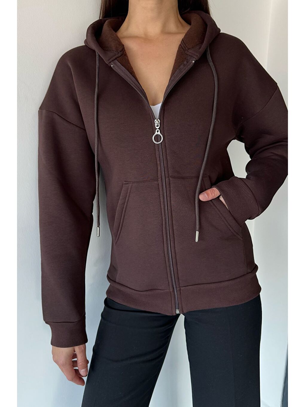 Kahverengi Kadın Üç İplik Şardonlu Kapüşonlu Sweatshirt