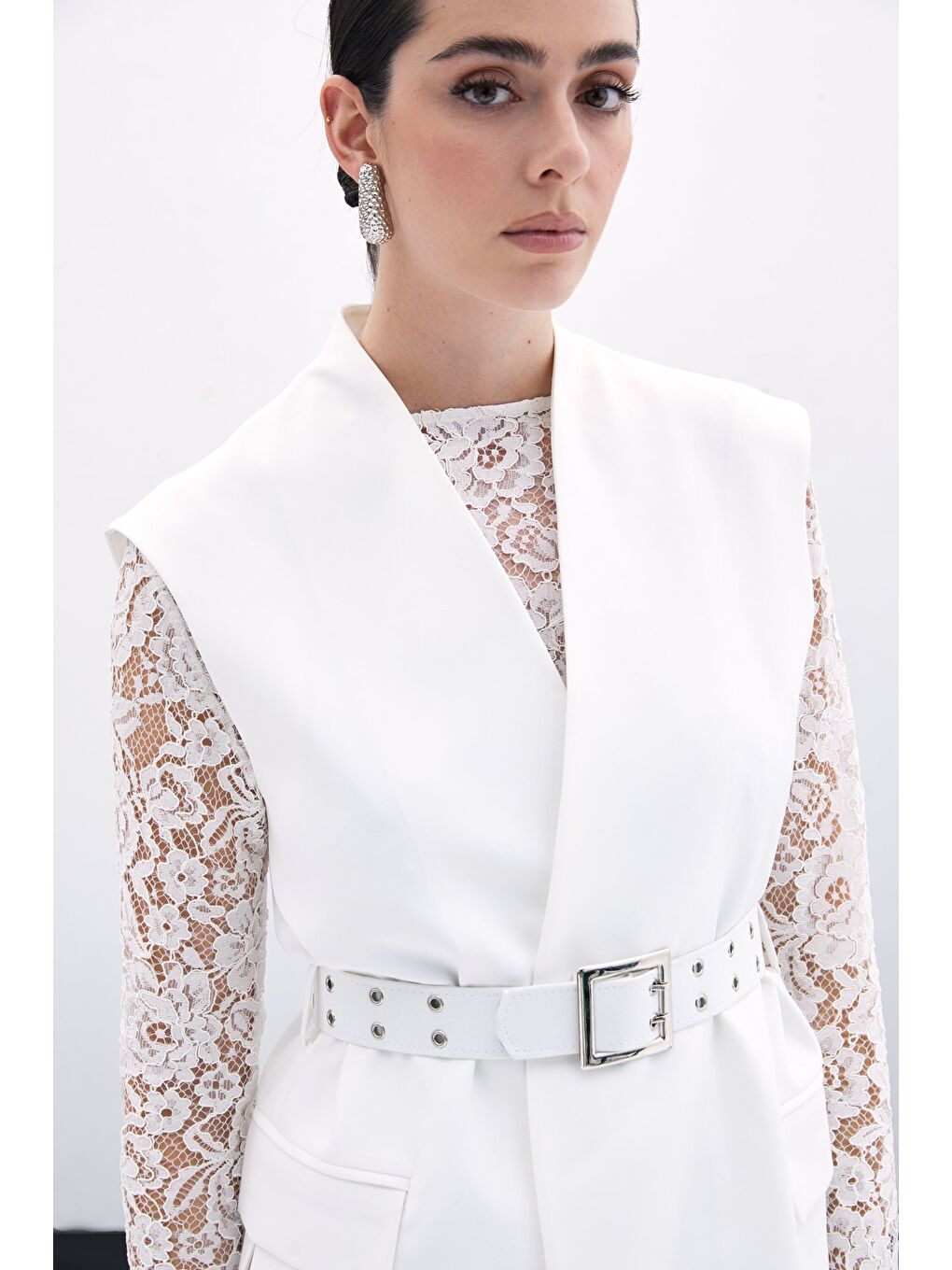 Kemerli Uzun Yelek - Ekru-6