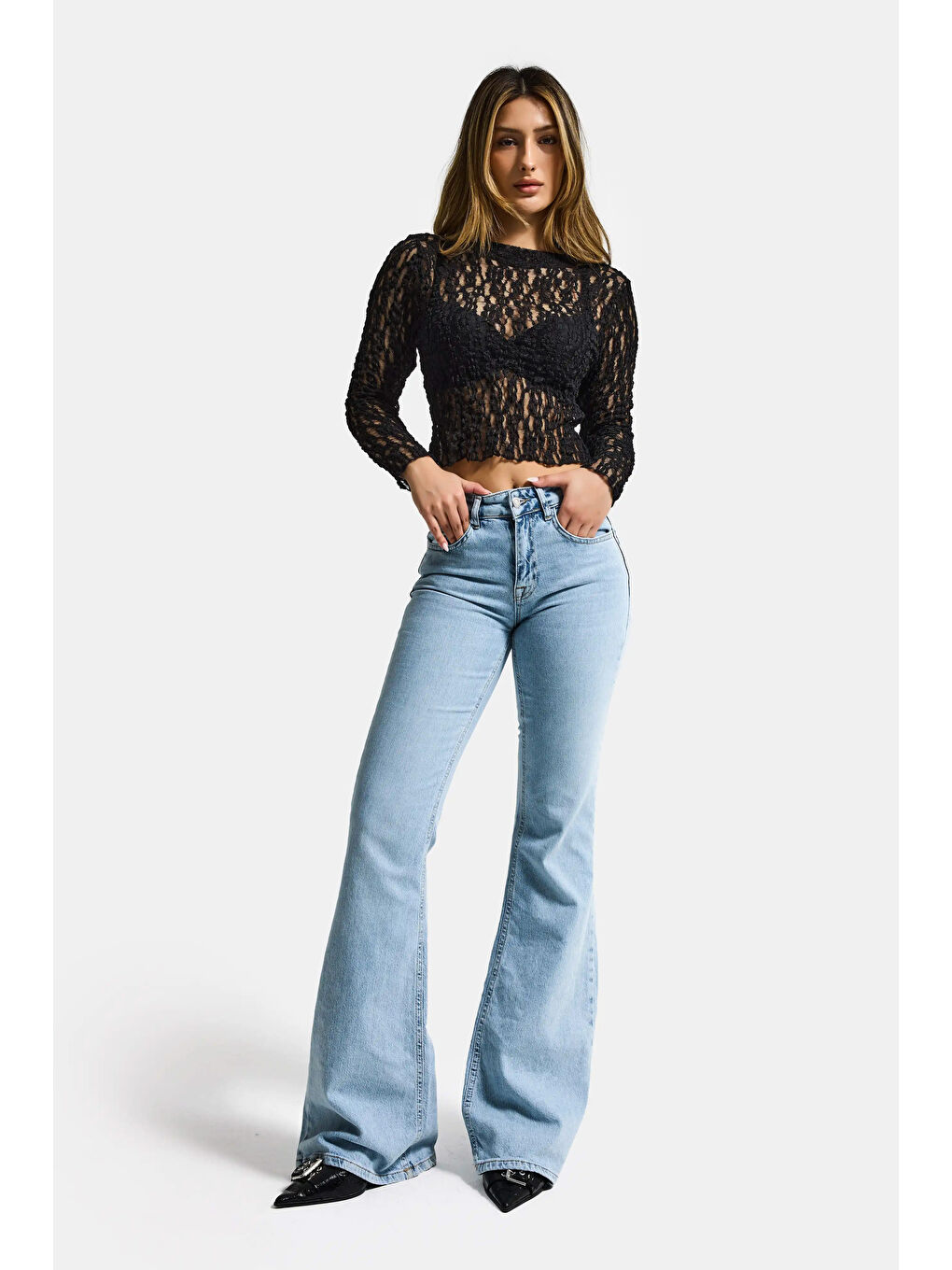 Kadın Siyah Transparan Crop Bluz-3