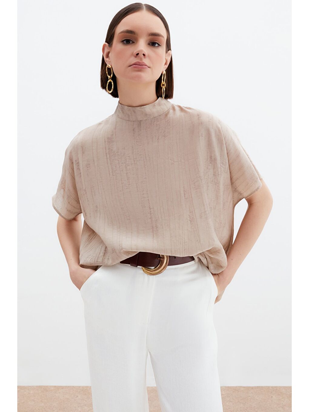 Desenli Salaş Bluz - Bej-1