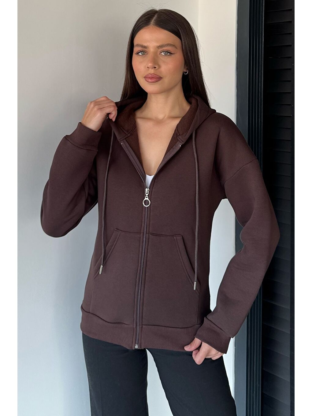 Kahverengi Kadın Üç İplik Şardonlu Kapüşonlu Sweatshirt-1